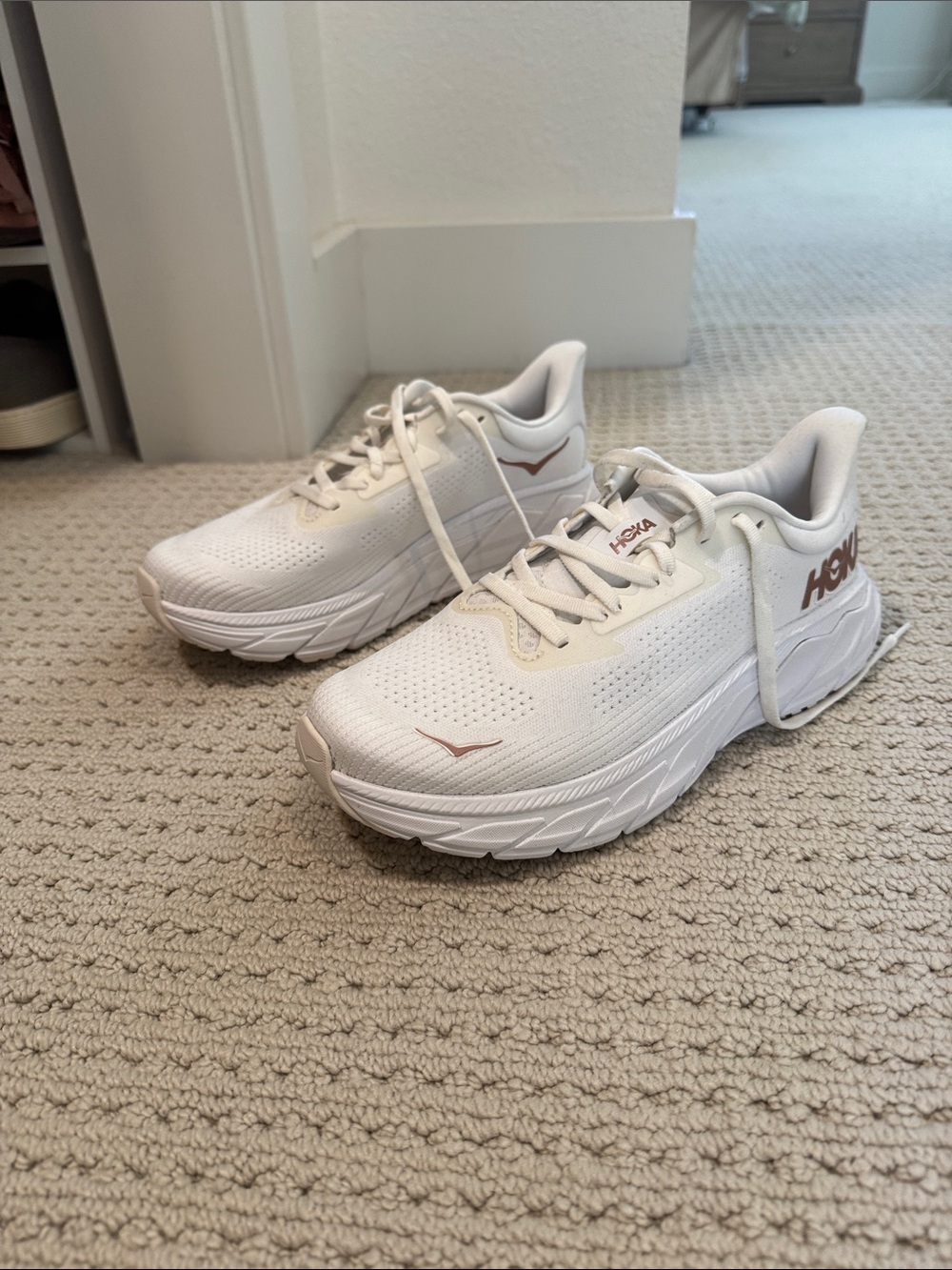 Hoka White Athletic Sneakers with Copper Logo Accent - Picture 3 of 10